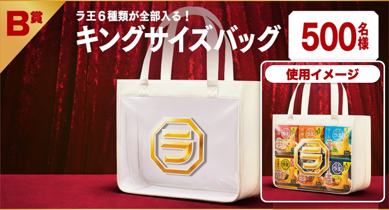 B賞 ラ王6種類が全部入る！キングサイズバッグ 500名様（使用イメージ付き）